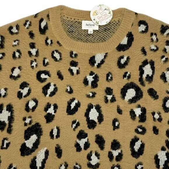 Believe Fuzzy Sweater Womens S/M Brown Leopard Oversized Soft Cozy Pull Over NEW - Picture 3 of 16